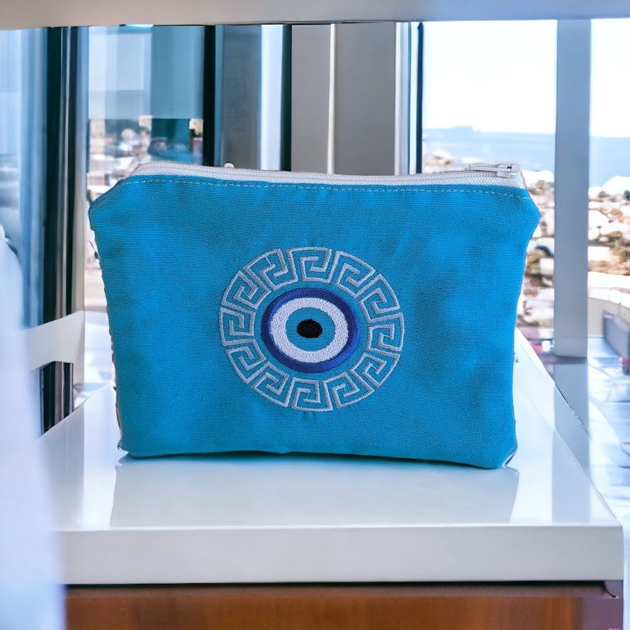 Evil Eye Meander Zipper Pouch – Handmade Greek Purse – Greek Gift