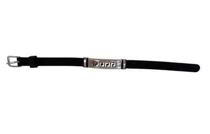 Black belt with a silver buckle on a white background