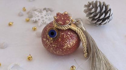 Evil Eye Ceramic Pomegranate with Tassel - Greek Gouria - New Year Gift