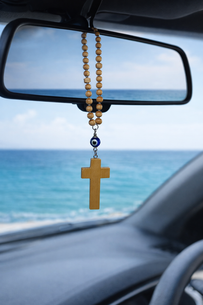 Wooden Evil Eye Cross Car Charm - Rearview Cross Charm - Car Accessories