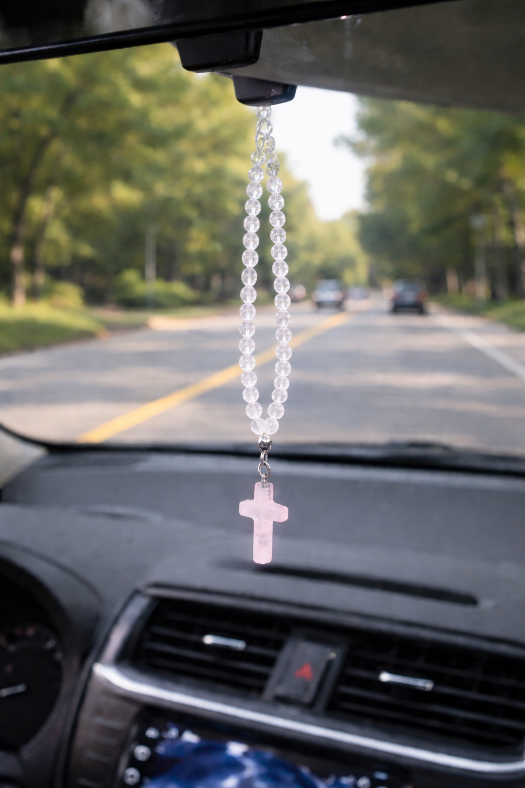 Rose Quartz Cross Mirror Charm – Car Protection - Car Gift