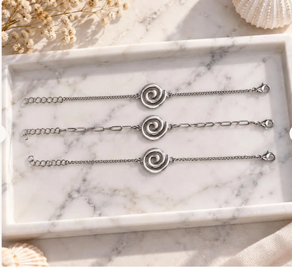 Greek Spiral Bracelet, Stainless Steel Charm with Adjustable Chain