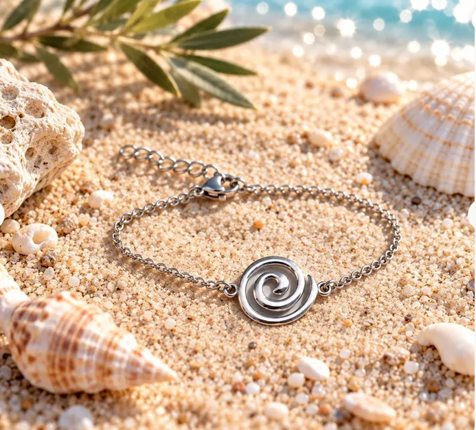 Greek Spiral Bracelet, Stainless Steel Charm with Adjustable Chain