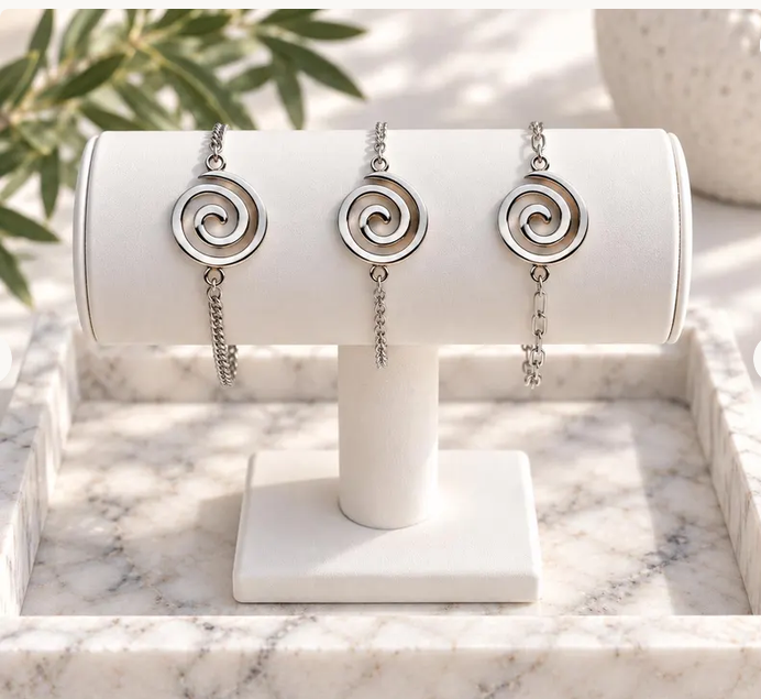 Greek Spiral Bracelet, Stainless Steel Charm with Adjustable Chain