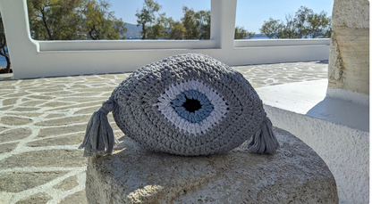 Handmade Cycladic Evil Eye Cushion – Crochet Design with Tassel Details