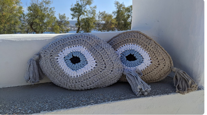 Handmade Cycladic Evil Eye Cushion – Crochet Design with Tassel Details