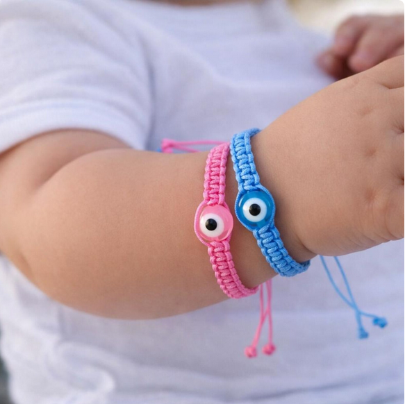 Evil Eye Macrame Baby Bracelet - New Born Gift - Pink, Blue & Fluo pink