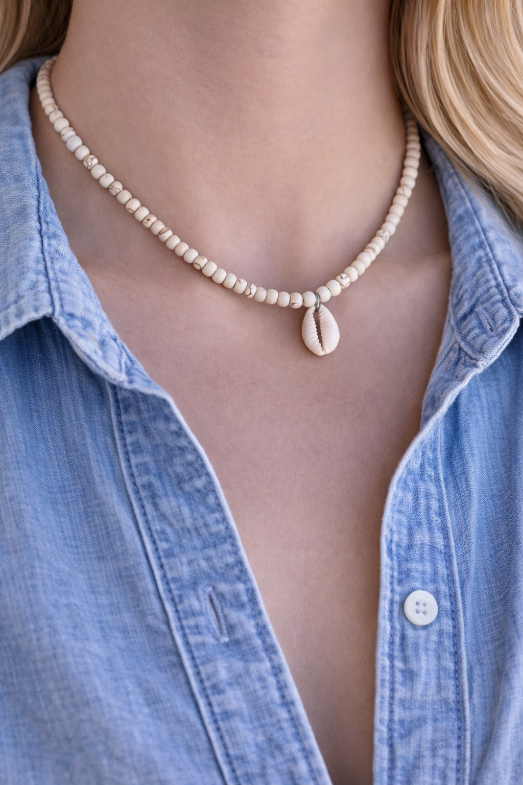 Cowrie & Howlite Beaded Necklace - Gift for Her