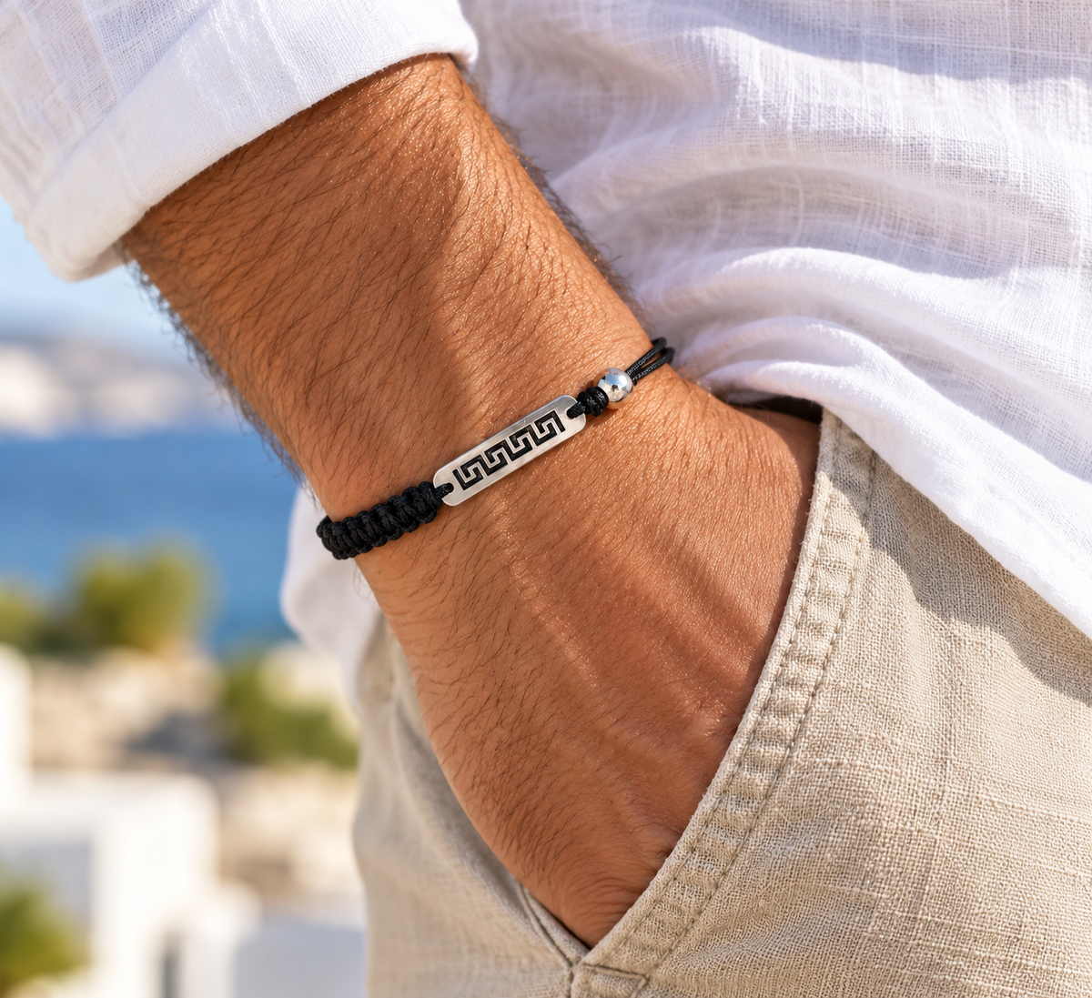 Black Macramé Bracelet with Greek Key Stainless Steel Bar