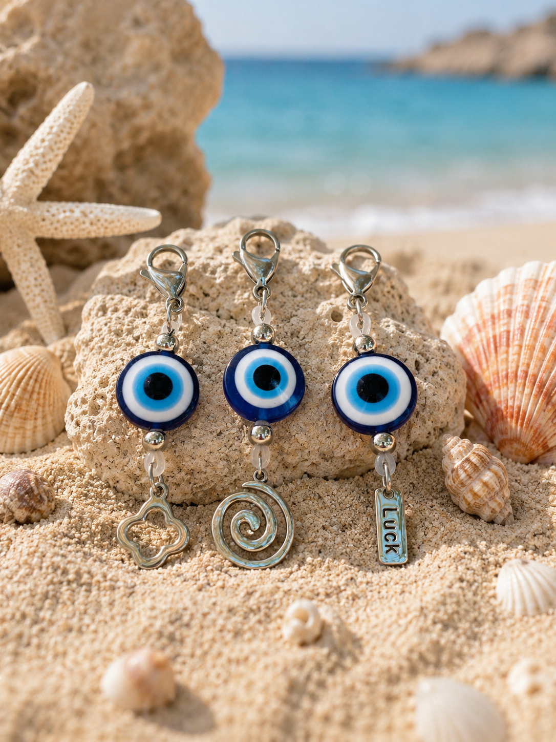 Greek Evil Eye Bag Charm – Handmade Lucky Keychain with Stainless Steel Accents