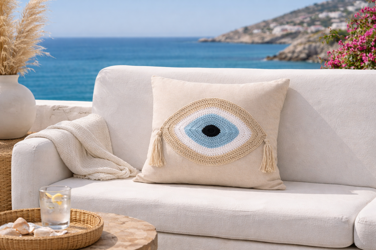 Handmade Evil Eye Cushion Cover - House Ornament - 16"X16" - Crochet Pillow - Greek Gift