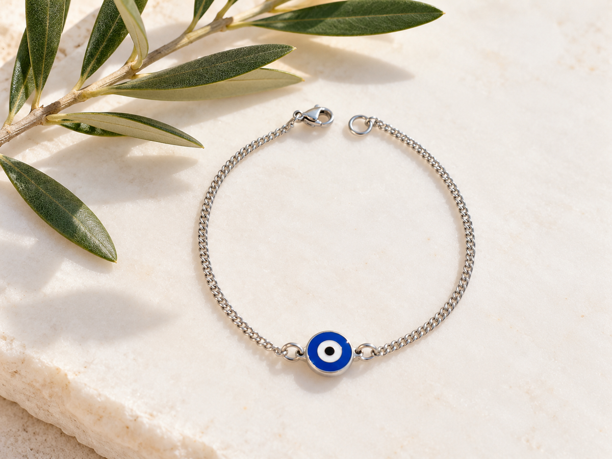 Bracelet Oeil Grec en Acier Inoxydable – Émail Bleu – Bijou Unisexe – 3 Styles de Chaînes