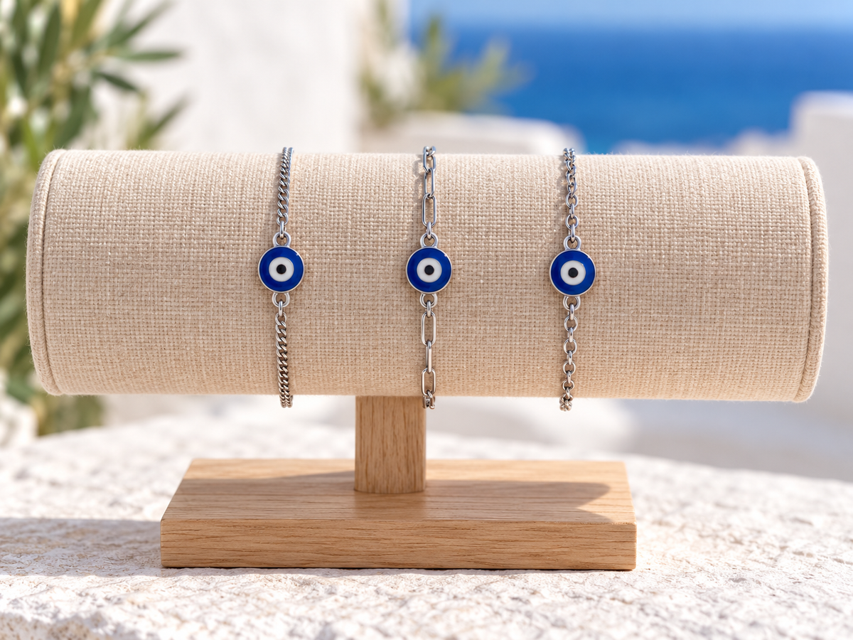 Bracelet Oeil Grec en Acier Inoxydable – Émail Bleu – Bijou Unisexe – 3 Styles de Chaînes