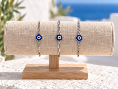 Bracelet Oeil Grec en Acier Inoxydable – Émail Bleu – Bijou Unisexe – 3 Styles de Chaînes