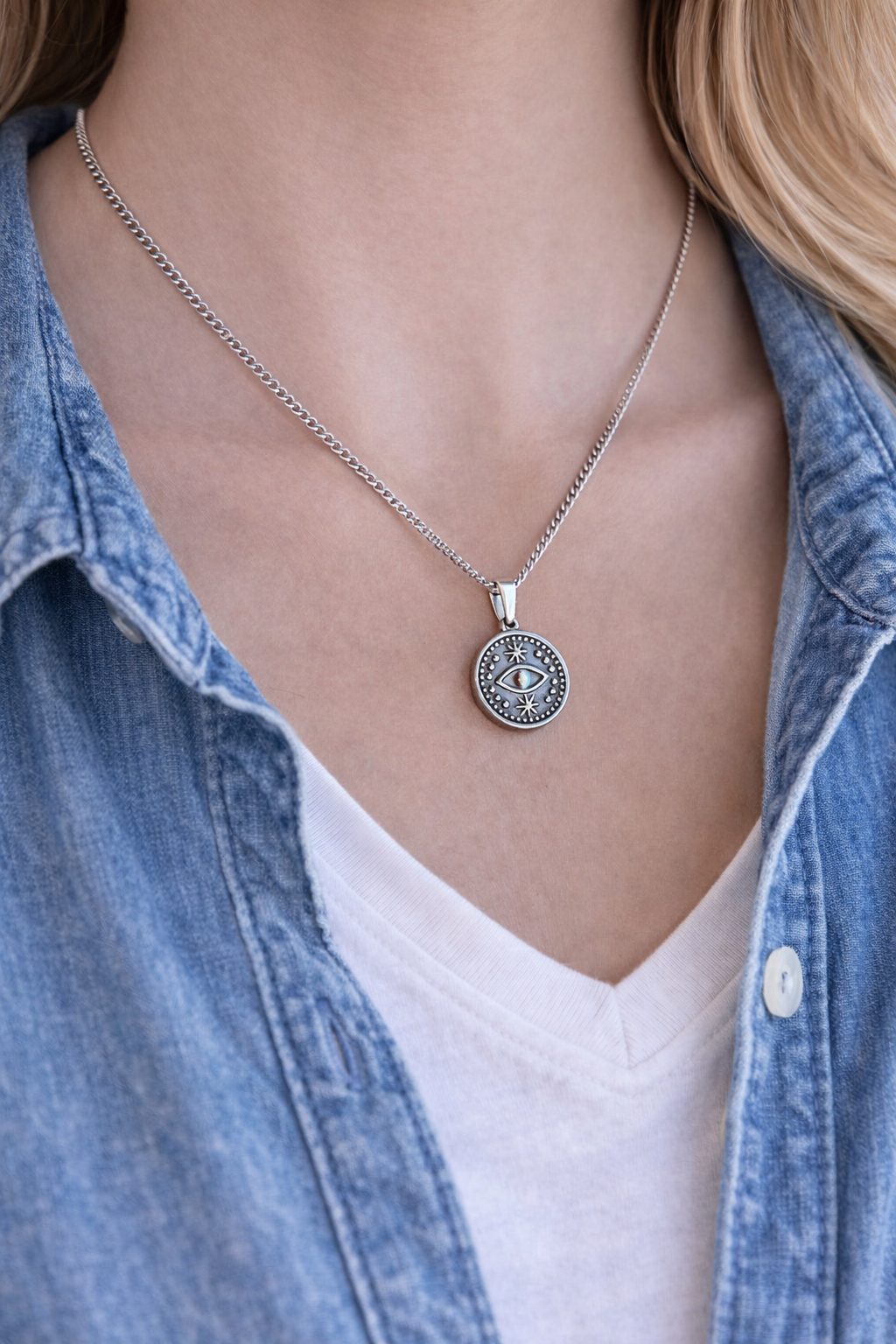 Stainless Steel Evil Eye Necklace - Gift For Her - Greek Gift