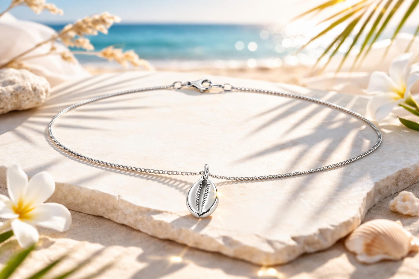Silver necklace with a leaf pendant on a sandy beach with flowers and shells.