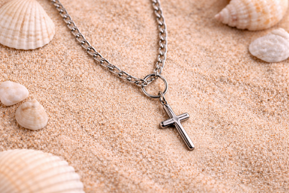 Collier Croix en Acier Chaine Figaro - Bijou Femme