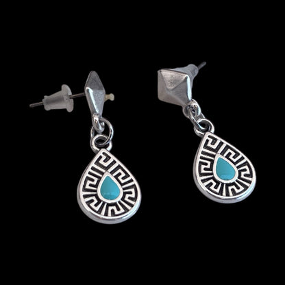 Pair of silver earrings with turquoise stones on a black background