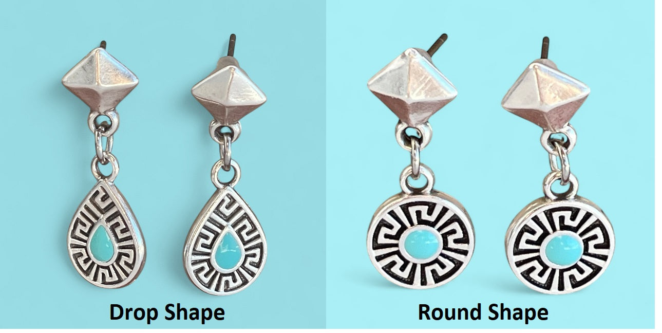 Two pairs of earrings, one with drop shape and the other with round shape, on a light blue background.