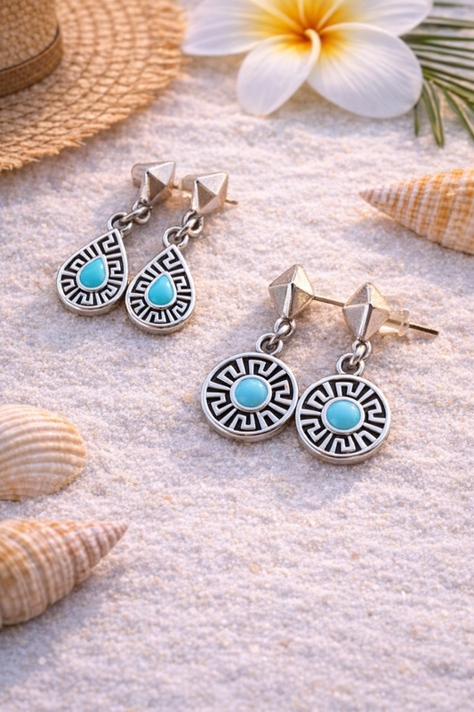 Silver Dangle Earrings – Boho Chic Style - Enamel Earrings - Greek Gift Idea
