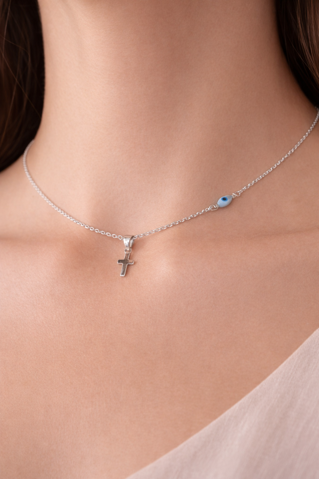 Tiny Evil Eye MOP Cross Pendant Necklace | Sterling Silver Everyday Jewelry