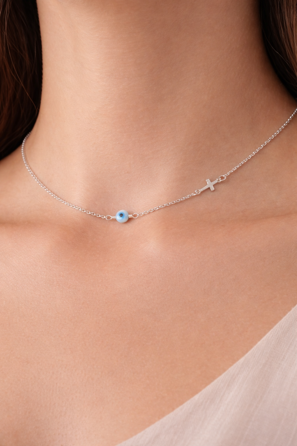 Silver Evil Eye MOP Cross Necklace - Silver Evil Eye Jewelry - Greek jewelry