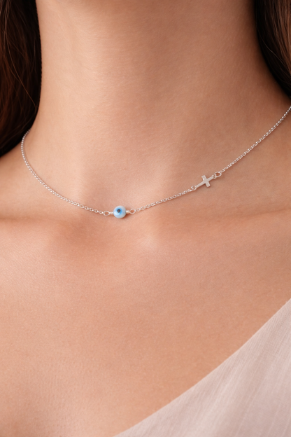 Silver Evil Eye MOP Cross Necklace - Silver Evil Eye Jewelry - Greek jewelry