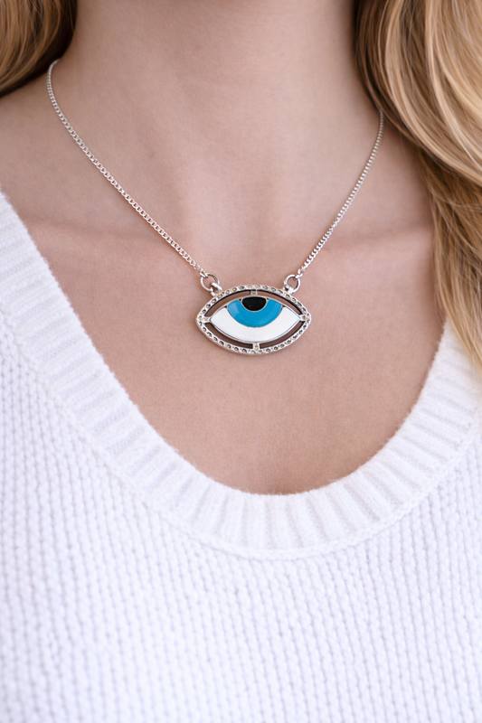Enamel Evil Eye Necklace: Stainless Steel Greek Amulet