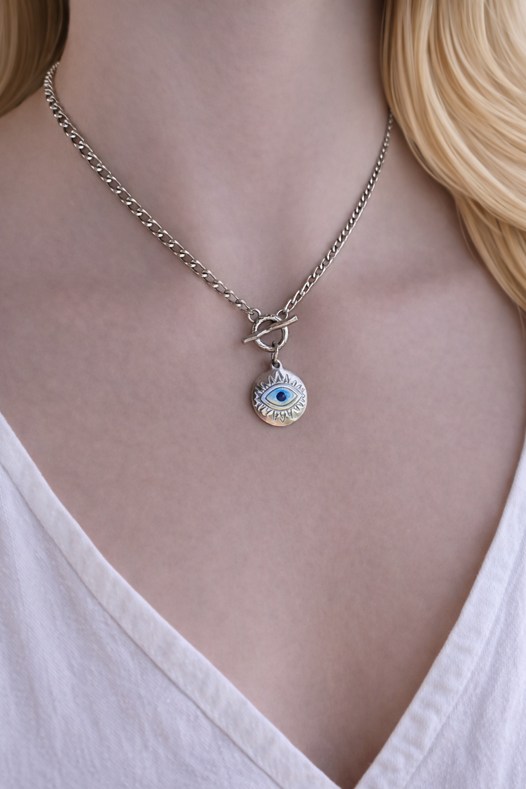 Silver Evil Eye Rhinestone Necklace - Stainless Steel Jewelry - Gift for Her