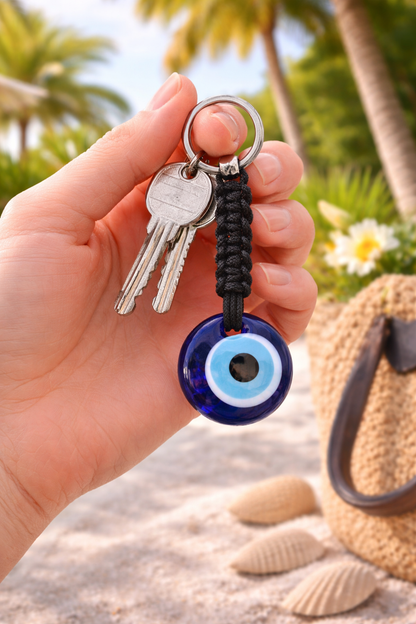 Porte-clés Oeil Bleu en Verre  - Inox ou Laiton - Protection voiture
