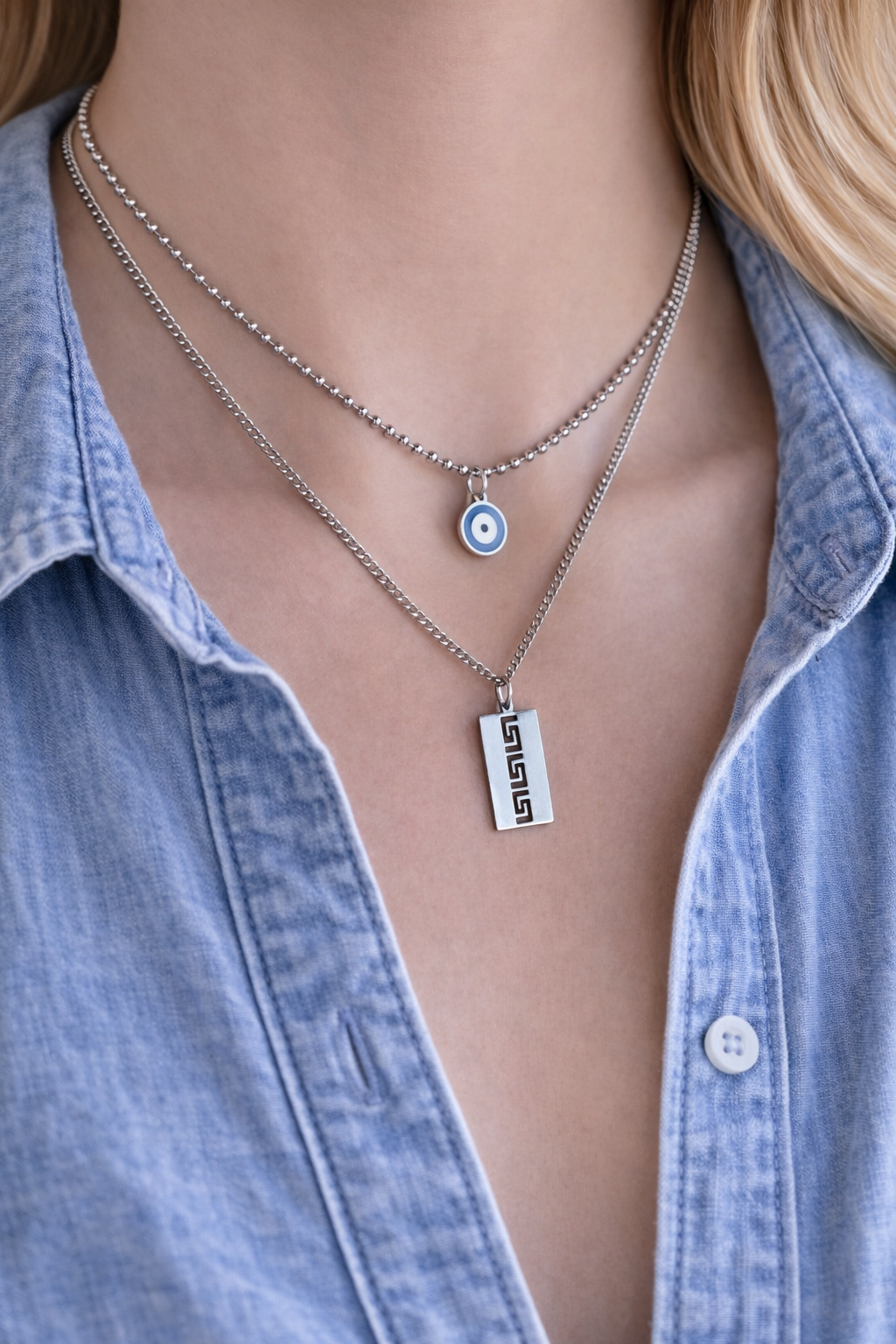Collier Oeil Bleu et Motif Grec Superposés