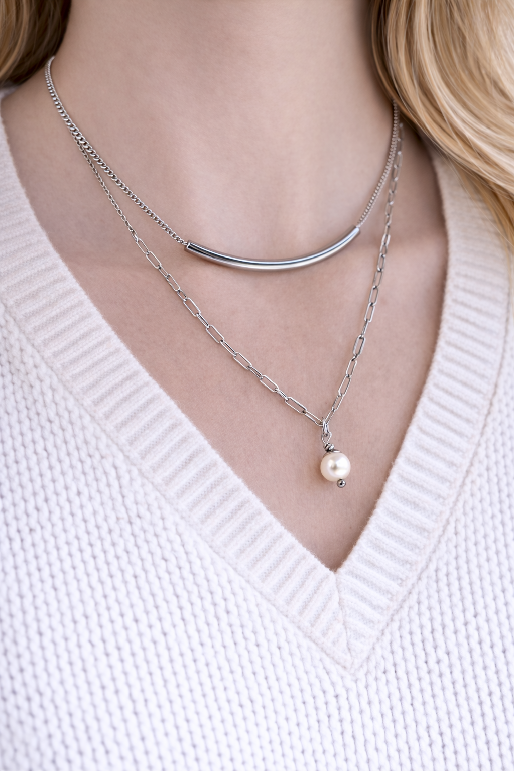 Tube & Swarovski Pearl Layering Necklace - Stainless Jewelry - Gift for Her