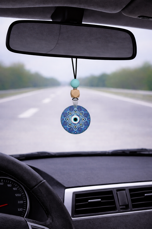 Bijou de Retroviseur en Bois - Oeil Bleu et Motif Grec