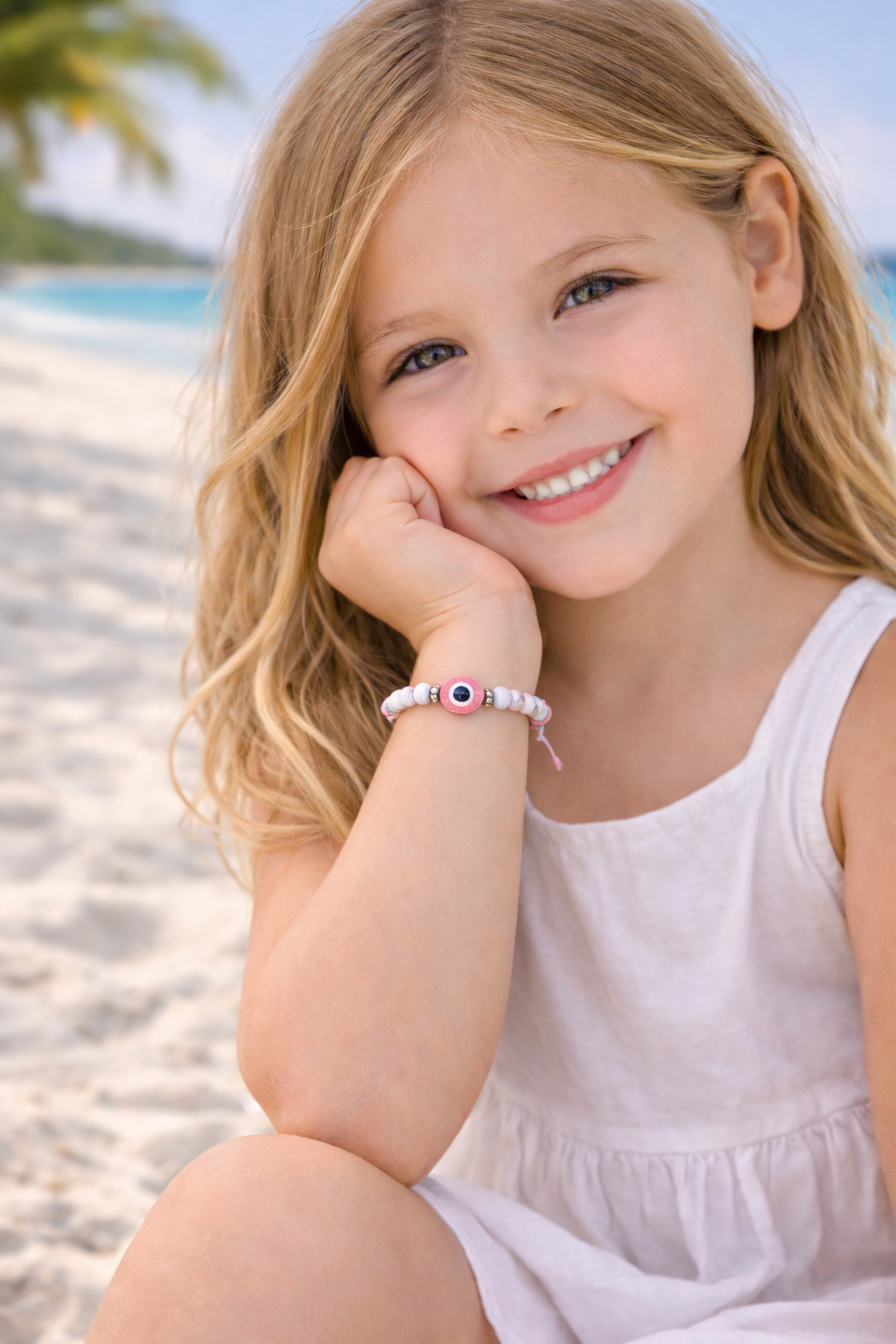 Adjustable kids evil eye bracelet featuring white acrylic beads and a blue protective evil eye charm, lightweight jewelry handmade in Greece.