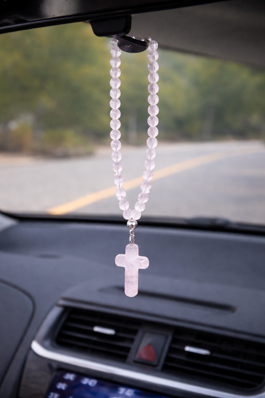 Rose Quartz Cross Mirror Charm – Car Protection - Car Gift