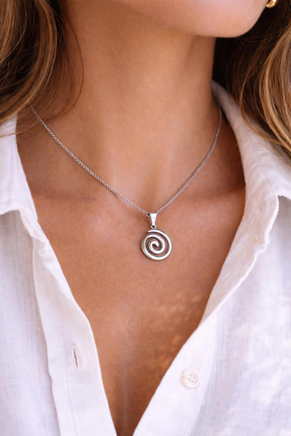 Stainless steel spiral pendant necklace inspired by ancient Greek symbols, minimalist unisex jewelry.