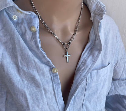 Collier Croix en Acier Chaine Figaro - Bijou Femme