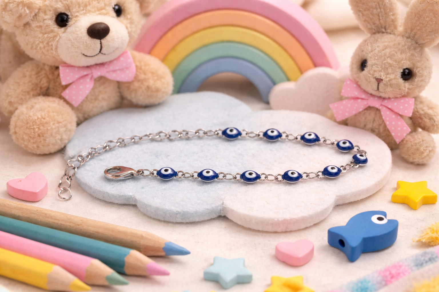 Adjustable baby and child bracelet with a blue stainless steel enamel evil eye charm, lightweight protective jewelry handmade in Greece.