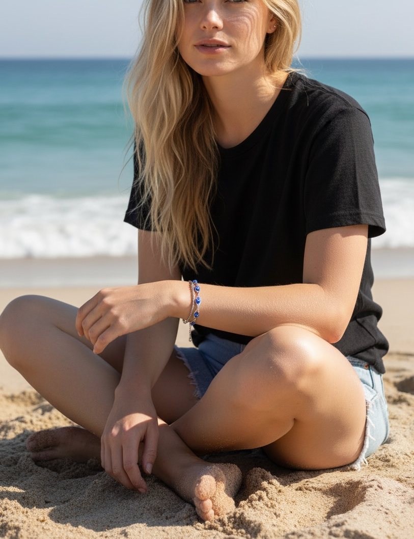 Woman sitting on the beach wearing a black t-shirt and denim shorts.