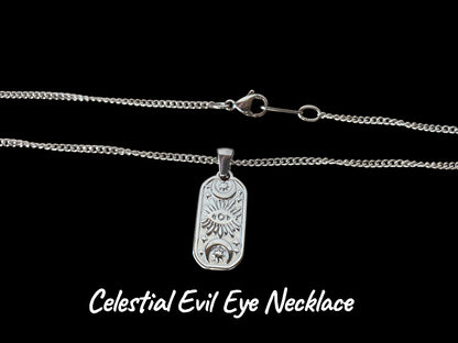 Silver 'Celestial Evil Eye' necklace on a black background