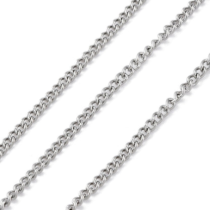 A close-up of a silver-toned metal chain running diagonally across a plain white background.