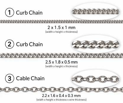 A comparison chart showing three types of chain links: 1) Curb Chain at 2 x 1.5 x 1 mm, 2) Curb Chain at 2.