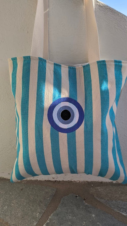 Striped Canvas Embroidered Tote Bag - Summer Bag