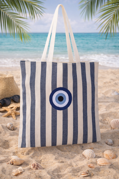 Striped Canvas Embroidered Tote Bag - Summer Bag