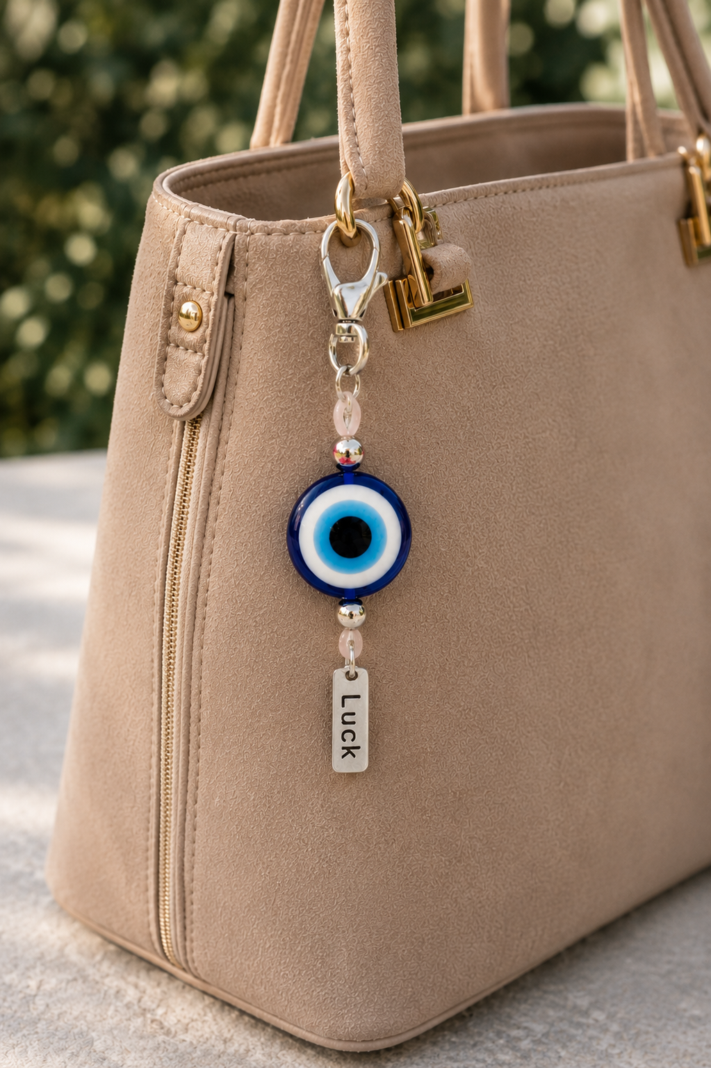 A beige tote bag with a hanging charm featuring a blue and white evil eye bead, clear beads, a small silver tag engraved with 'Lucky', and a gold clasp, shown outdoors against a blurred green background.