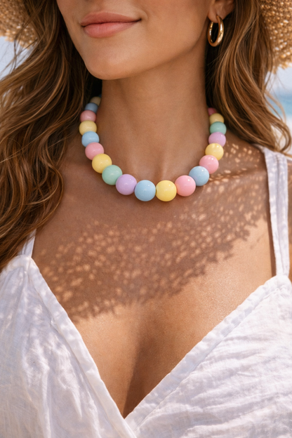 Pastel Beaded Necklace – Chunky Acrylic Beads, Stainless Steel Chain - Available in Two Bead Sizes