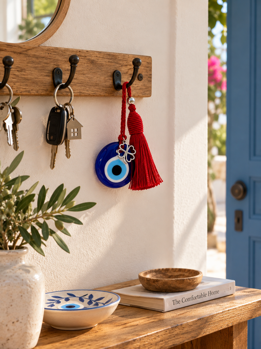 Glass Evil Eye Charm, 4 cm Greek Good Luck Amulet with Red Tassel