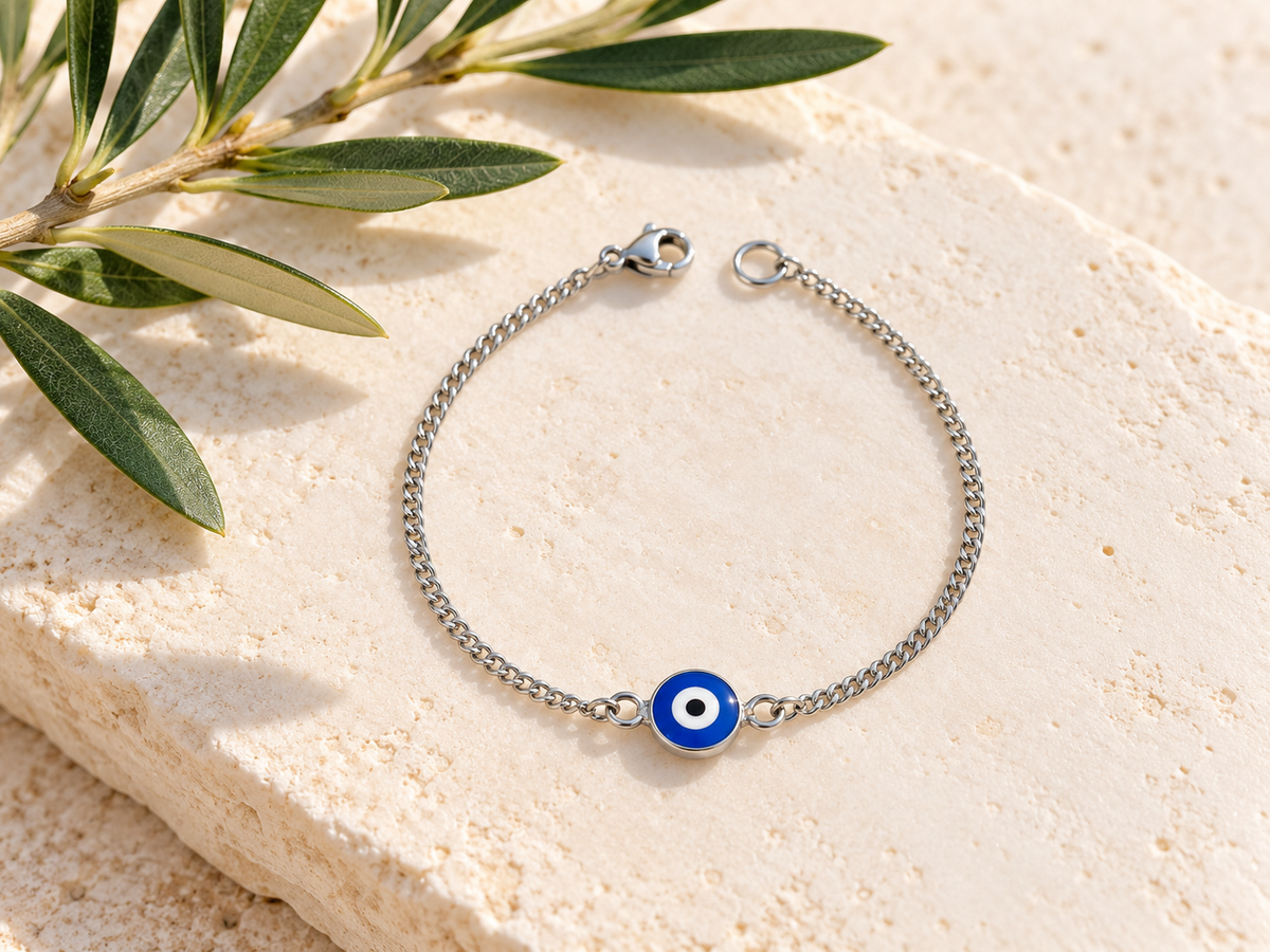 Bracelet Oeil Grec en Acier Inoxydable – Émail Bleu – Bijou Unisexe – 3 Styles de Chaînes