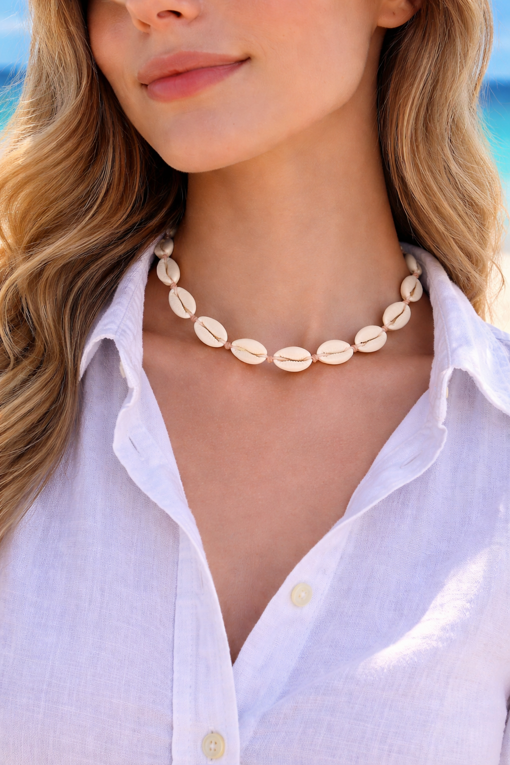 Cowrie Shell Necklace - Beach Shell Choker - Gift for Her - Adjustable Necklace