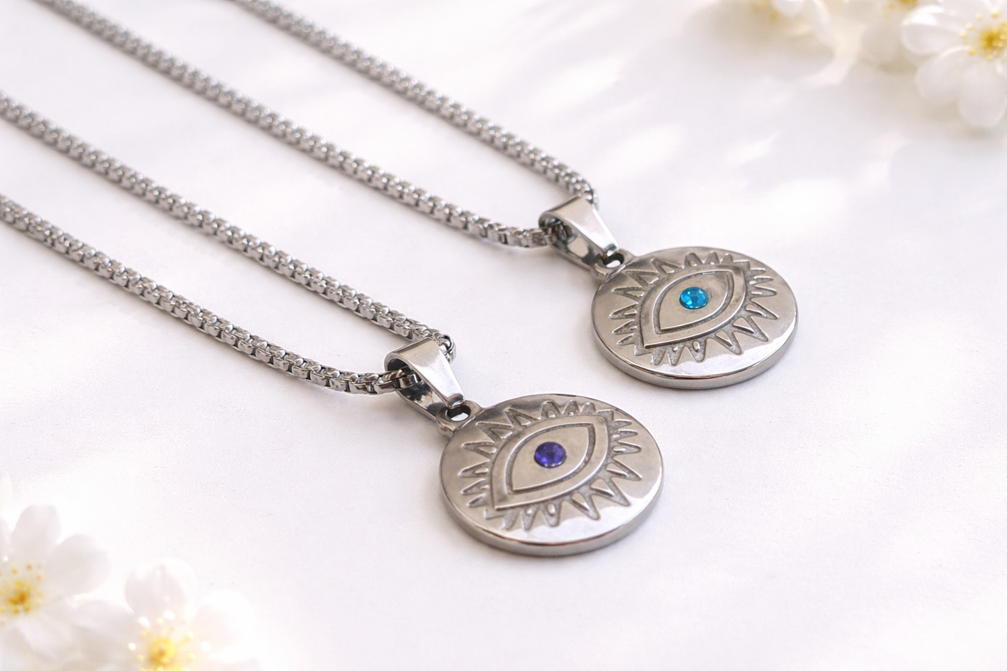 Collier Oeil Bleu Unisexe en Acier Inoxydable 